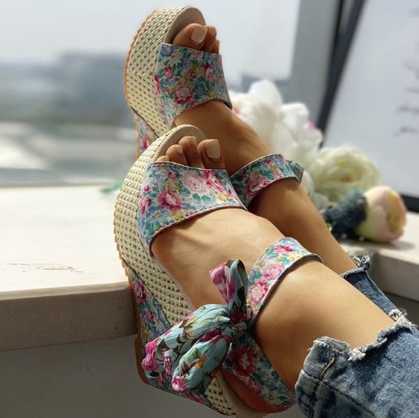 

2020 women colorful causal platform wedges heel sandals floral flower butterfly plant plant pattern shoes #, Black