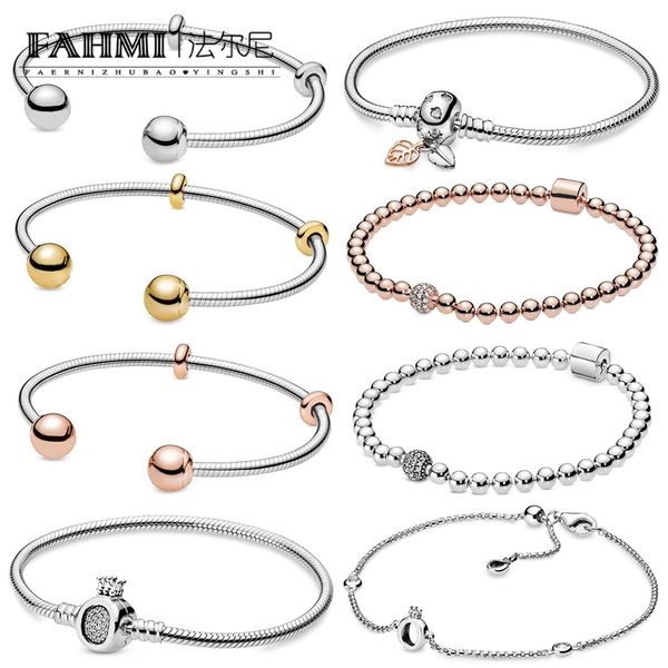 

fahmi 100% 925 sterling silver 2019 autumn preview shine moments snake chain style open bangle rose beads classic bracelet, Black