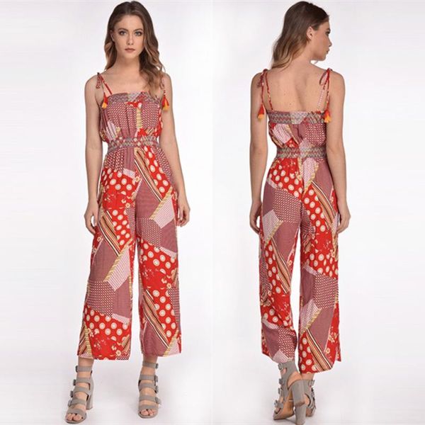 

women printed suspender jumpsuit summer fashion backless loose floral print beach party wide leg rompers d30, Black;white