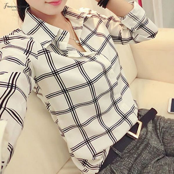 

summer new turn down callar shirts women casual plaid long sleeve womens blouse clothing vadim*, White