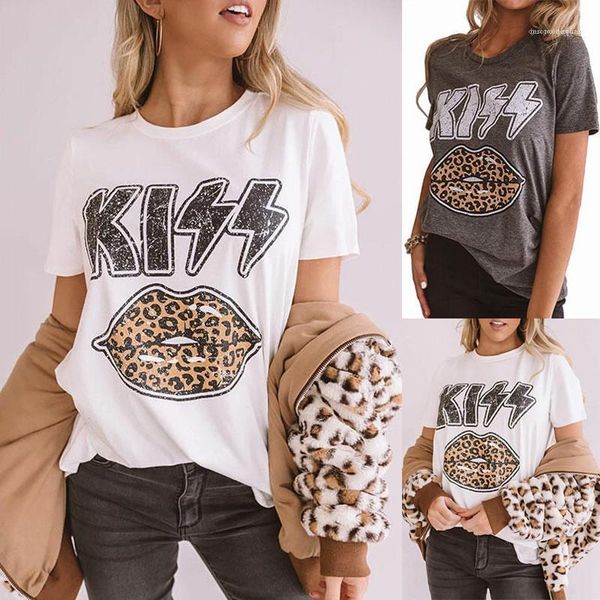 

short sleeve t-shirts womens clothing womens designer letter print tees fashion leopard mouth print tees casual loose, White
