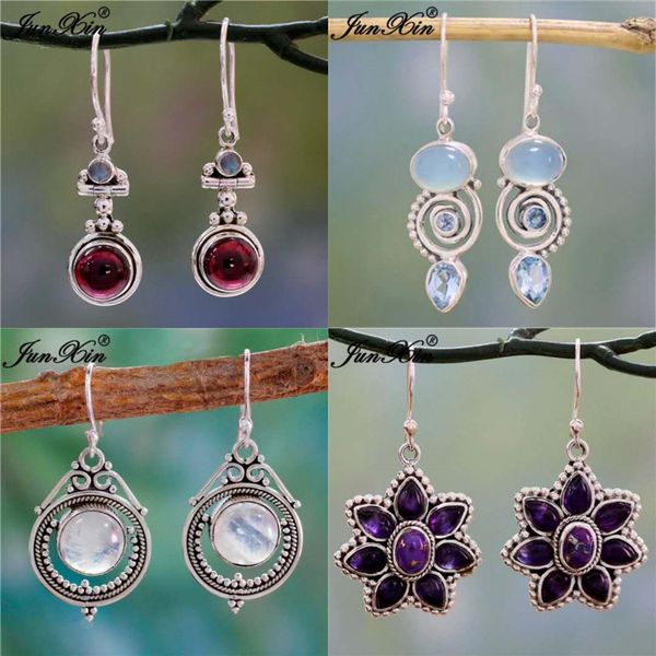 

junxin antique silver geometry moonstone drop earrings for women boho round red blue opal earrings female zircon wedding jewelry