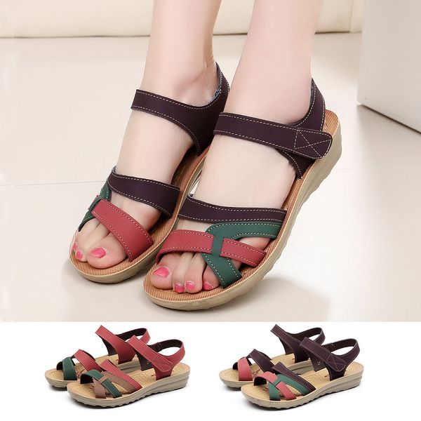 

muqgew summer sandals women 2019 ladies leather plus size footwear fashion leather flat sandals wedges comfort beach shoes women, Black