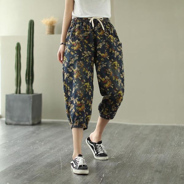 

оригинальные старинные цветочные джинсы женщина свободные эластичный пояс шнурок длиной до икр шаровары свободные ретро повседневные джинсов, Blue