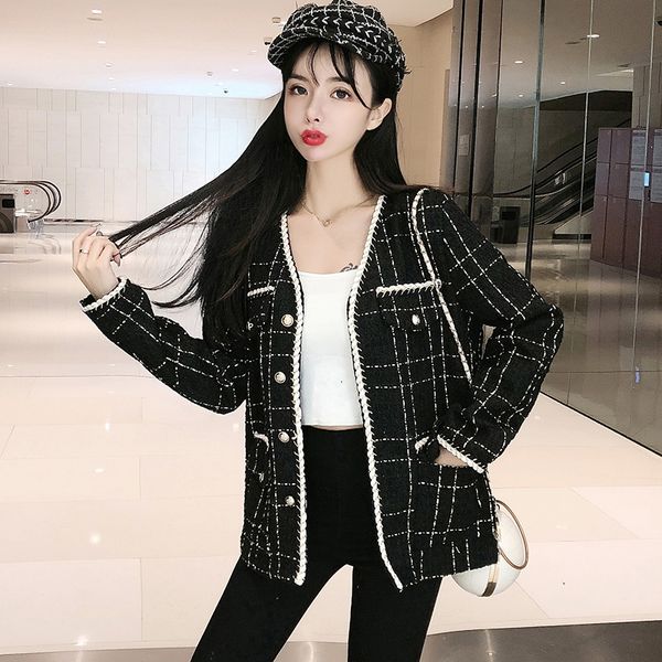 

women's autumn vintage black tweed jacket coats small fragrance single-breasted woolen coat long sleeve plaid jackets outerwear, Black;brown