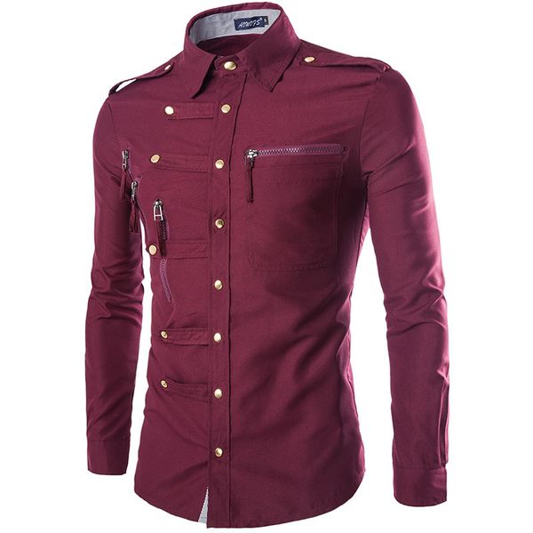 

2018 fashion causal mens slim shirt solid color zipper shirt british style shirts male brand long sleeve wine red balck dress, White;black