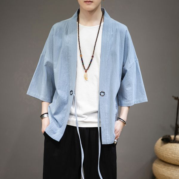 

лето кимоно куртки мужчины хлопок лен открытый стич mens streetwear с коротким рукавом кардиган вскользь пальто мужской даосский robe, Black;brown
