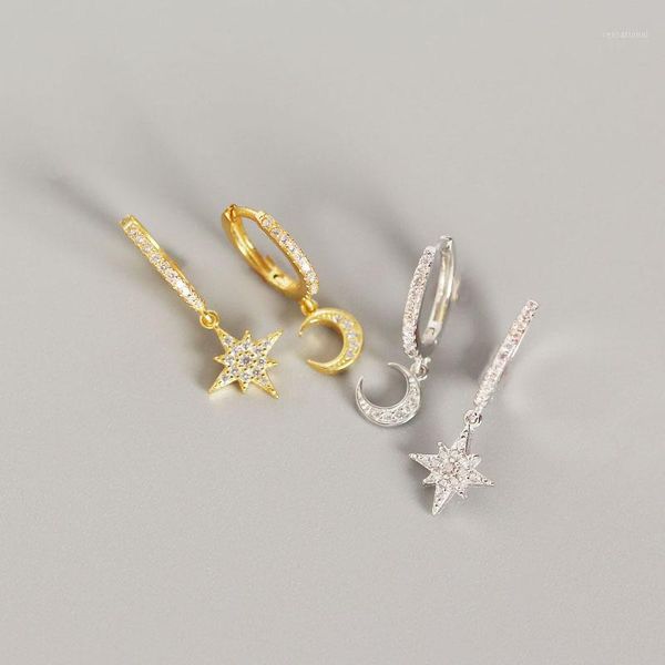 

s925 sterling silver stars and moon asymmetry earrings personality dangle earrings fashion style gold silver party earrings lady jewelry1