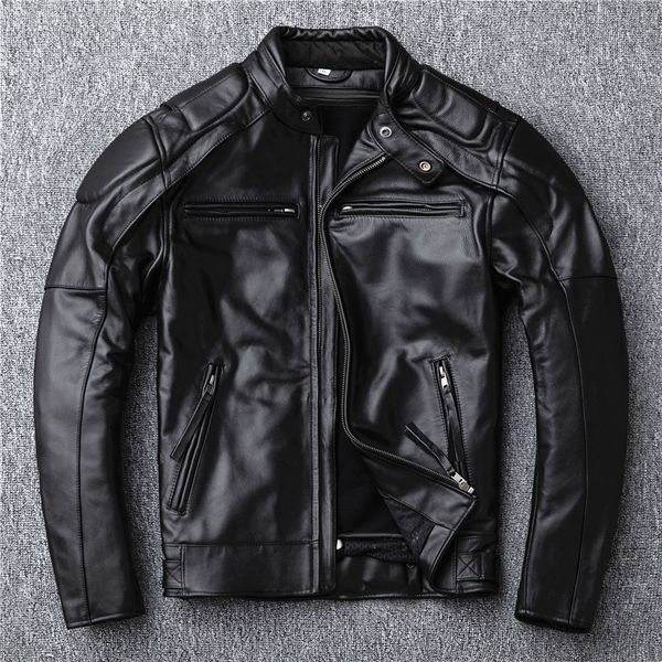

factory new cowhide motorcycle leather jacket for men cow real genuine leather coat outer wear garment, Black