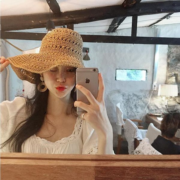 

mingyuan pastoral wide eaves handmade crocheted foldable straw travel holiday straw hat beach hollow hat female summer, Blue;gray