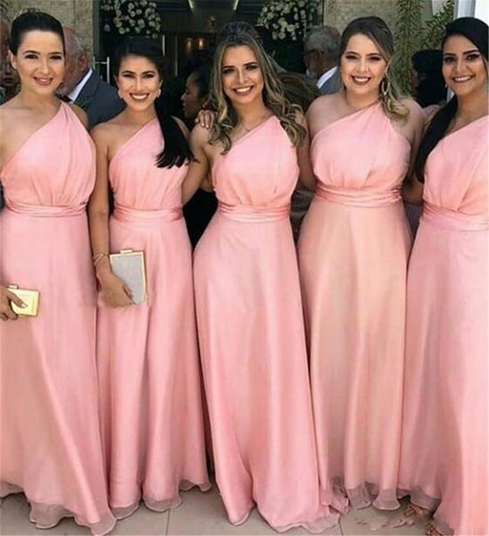 2019 Elegant Pink Long Bridesmaid Dresses One Shoulder A Line