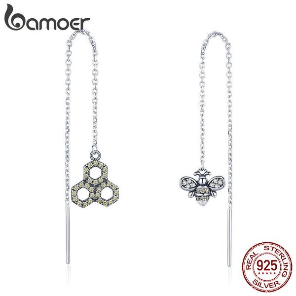 

bamoer 925 sterling silver crystal bee love honeycomb long chain drop earrings for women sterling silver earrings jewelry sce484