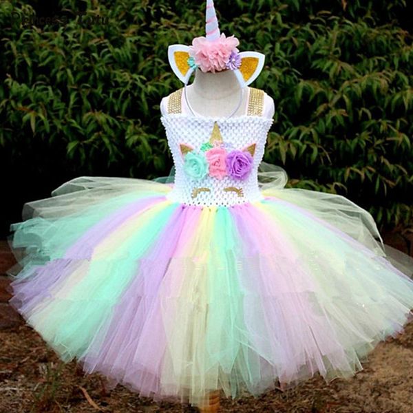 

rainbow girls unicorn tutu dress fancy pony unicorn costume for kids princess dress christmas halloween girl party dress 1-14y, Red;yellow