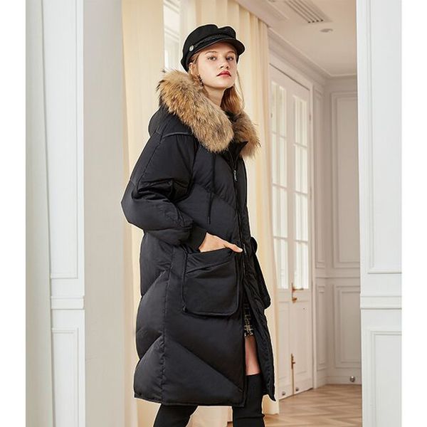 

2020 winter jacket women real natural raccoon fur collar womens coats long white duck down jacket hoodies thick warm parkas, Black