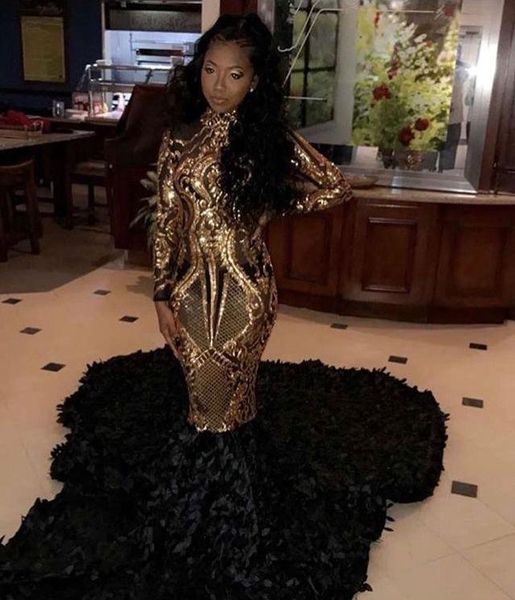 

black mermaid long sleeves prom dresses gold lace applique sweep train with handmade flowers luxury formal occasion wear evening gown, Black;red