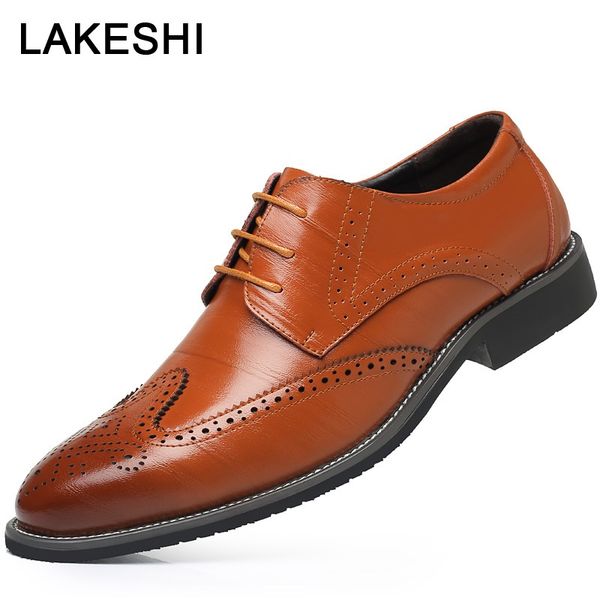

leather formal men dress shoes genuine leather shoes lace up brogue flats oxfords for men wedding office business, Black