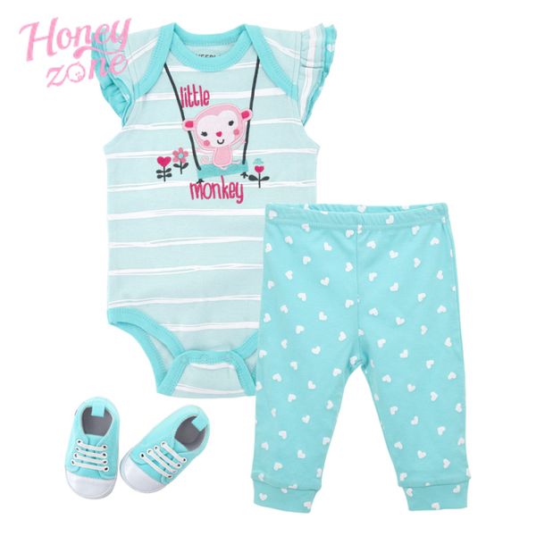 

honeyzone baby girl одежда набор летние новорожденные хлопчатобумажные девочки комбинезон (брюки + брюки + обувь) обезьяна тема младенца, Blue