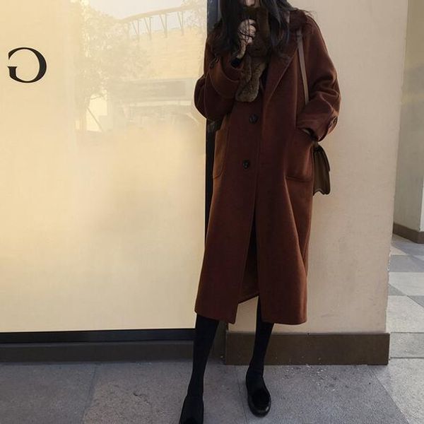 

women wool blend coat solid long sleeve turn-down collar outwear jacket autumn winter elegant overcoat female clothing dc231, Black