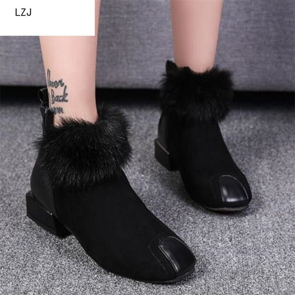 

lzj 2019 women's flock side zipper botas mujer snow boots short plus low heel boots woman winter lady women ankle, Black