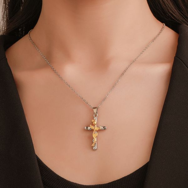 

women chain christian jewelry gifts vintage cross inri crucifix jesus piece pendant & necklace gold color stainless steel, Silver