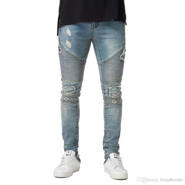 

мужские драпированные дизайнерские разорванные джинсы slim fit байкер карандаш брюки весна осень моды брюки, Blue