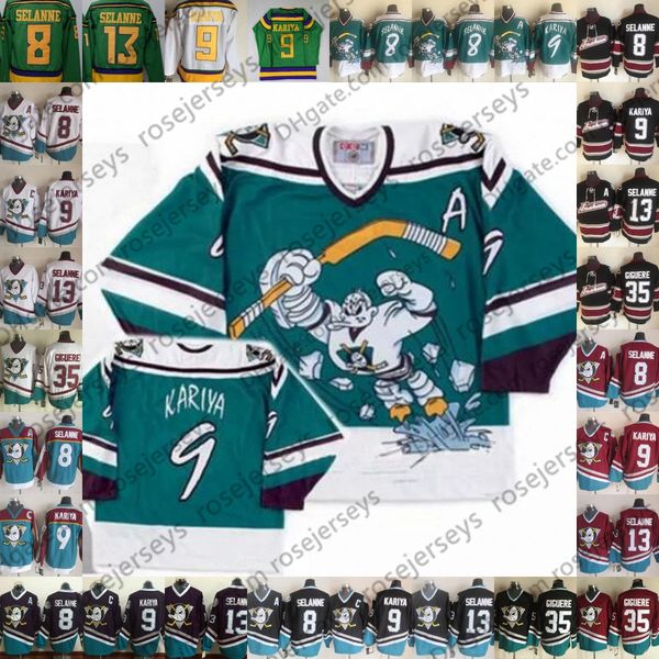 

Mighty Ducks of Anaheim Wild Wing Teal Vintage Jersey #8 Teemu Selanne #13 #9 Paul Kariya 35 Jean-Sebastien Giguere Green Purple White Red