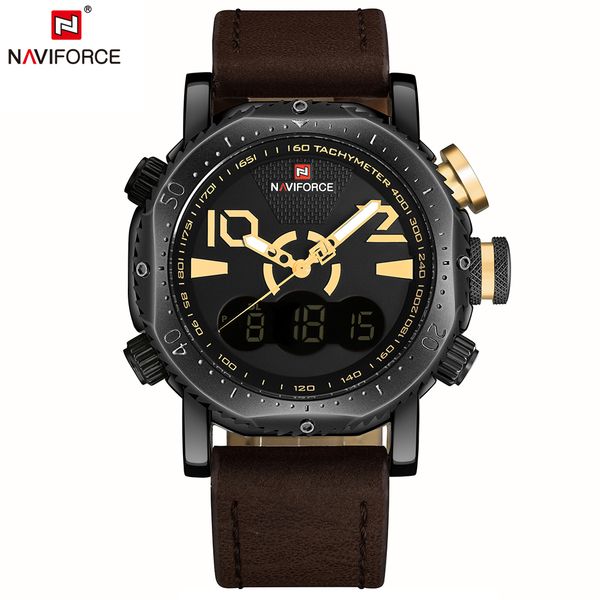 

naviforce men sport watches dual display watch men led digital analog electronic quartz watches 30m waterproof male clock, Slivery;brown