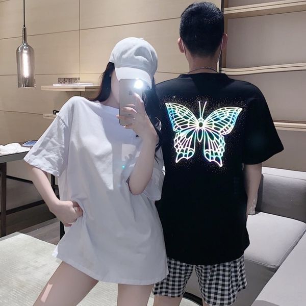 

ins super luminous fire luminous butterfly reflective design drill t-shirt couple girlfriends short sleeve top, White