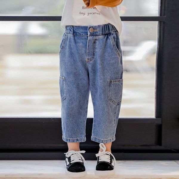 

kids jeans 2019 spring new korean loose high waist side pocket casual children jeans pants baby girls boys long denim pants, Blue