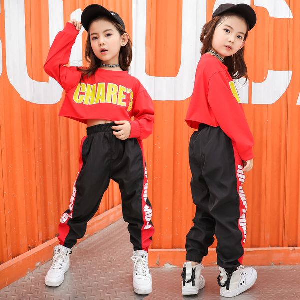 

girls hip hop clothing ballroom costumes dance clothes cropped t shirt casual pants jazz street dancing outfits streetwear, Black;red