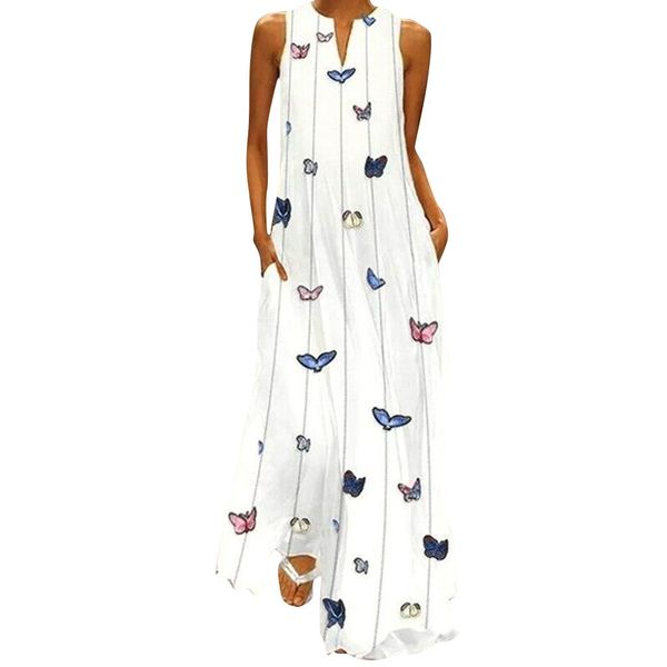 

women summer tshirt dress 2019 vintage casual sleeveless striped butterfly printed long dress streetwear retro beach, Black;gray