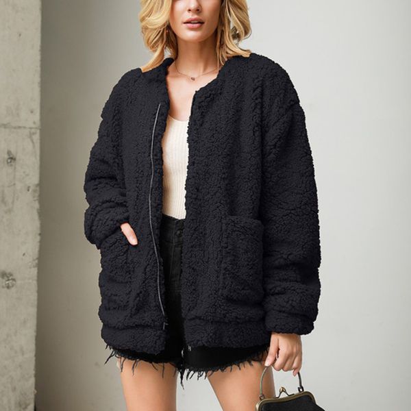 

solid elegant faux fur coat women 2020 autumn winter warm zipper fur jacket female plush overcoat casual loose outwearcm t, Black