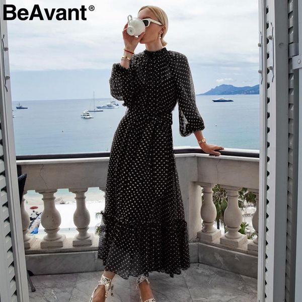 

casual dresses beavant polka dot red autumn winter dress women elegant lantern sleeve long party ruffle o-neck black ladies vestidos, Black;gray