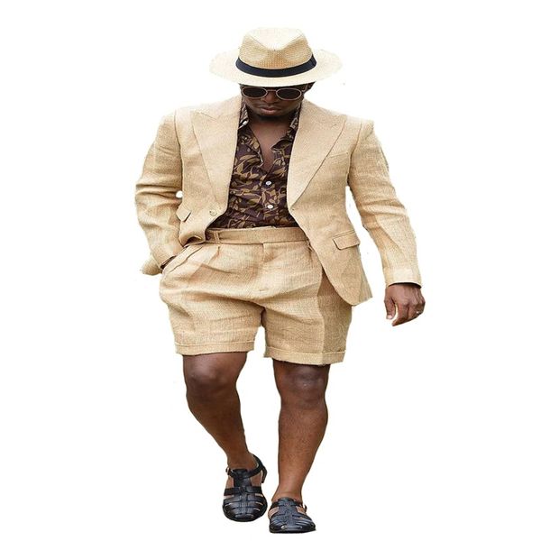 

2 piece cotton and linen summer casual men's suits (blazer+short pant) notched lapel suit two button men's suit, White;black