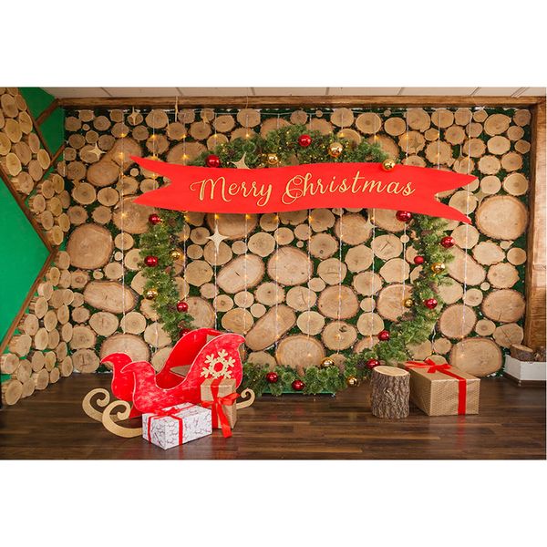 Feliz Natal Cenário para Recém-nascidos Fotografia Impresso Timbers Parede Verde Pine Garland Bolas Crianças Baby Shower Foto de fundo