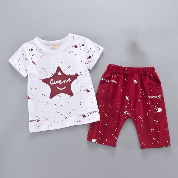 

infant baby boys short sleeve ink jet print star + pants outfits clothes set summer cotton short sleeve suit, White