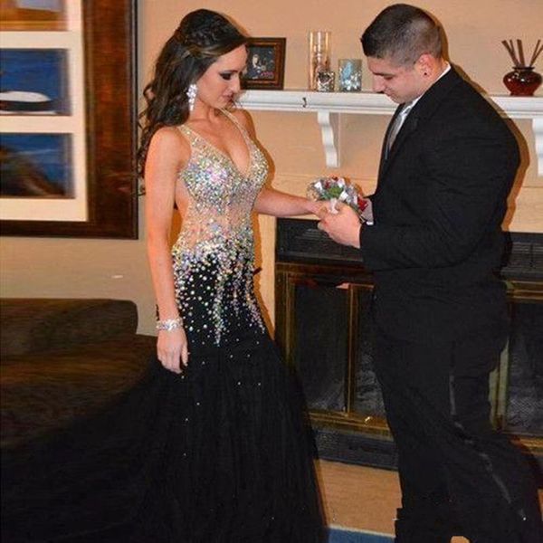 

на заказ вечер 2019 новый сияющий кристалл глубокий шеи спинки длинный тюль русалка вечерние платья вечерние платья vestido де феста, Black;red