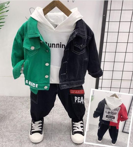 

toddler boys clothes 2020 autumn winter kids boys denim jacket+hooded+pant 3pcs outfit children clothing suit for clothing, White