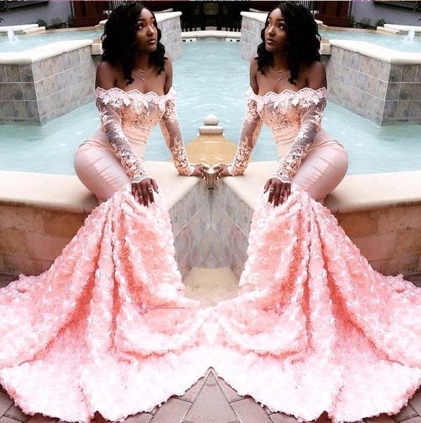 

2019 pink mermaid long prom dresses bateau neck long sleeves lace applique 3d floral sweep train formal evening dresses bc1251, Black