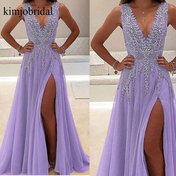 

crystal prom dresses deep v neck side slit lavender tulle a line floor length evening dresses vestidos de fiesta, Black