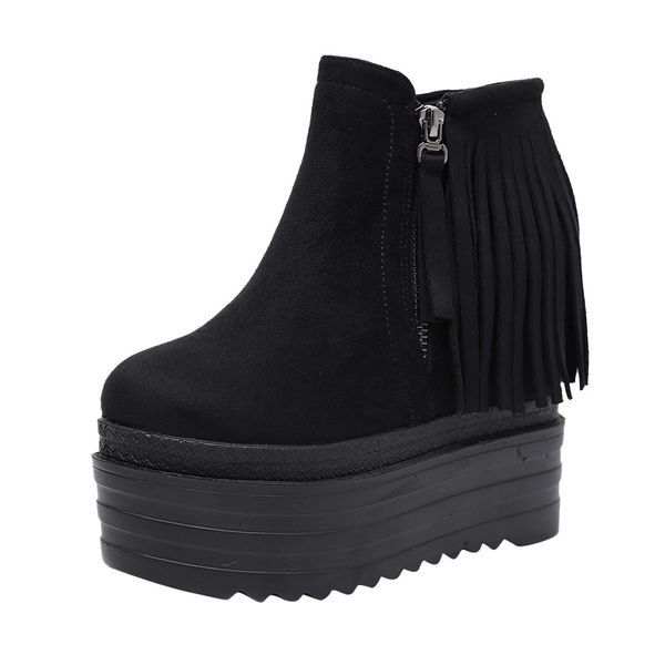 

winter ankle boots women length fringe zip platforms high wedge heels snow booties girls lady wild flock upper ankle boots, Black