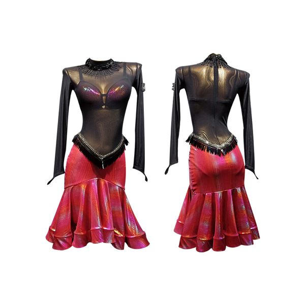 

latin dance dress costumes women dance wear clothes jazz costumes salsa dress latin fringe perspective, Black;red