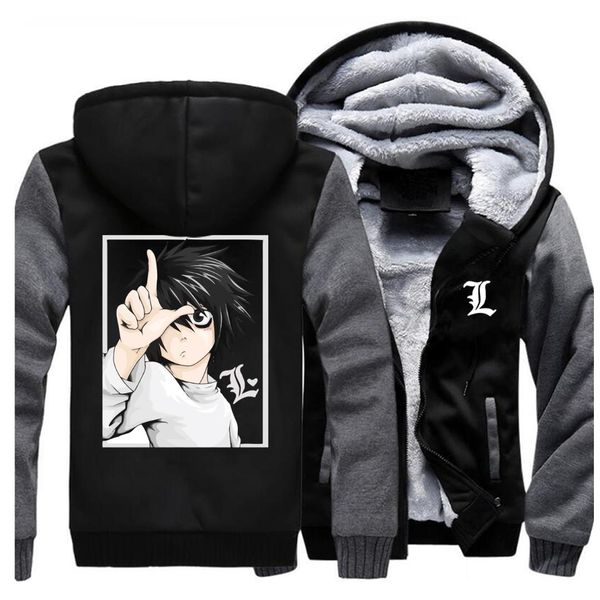 

death note hoodies men 2019 winter yagami light fleece sweatshirt men thicken harajuku hoodie kira thick men's japan anime coat, Black