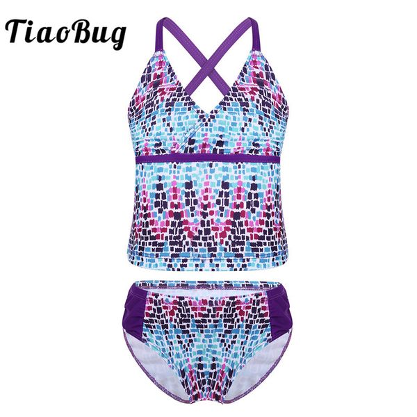 

tiaobug kids teens two-piece tankini swimsuit children girls colorful digital printed swim briefs bikini set bathing suits