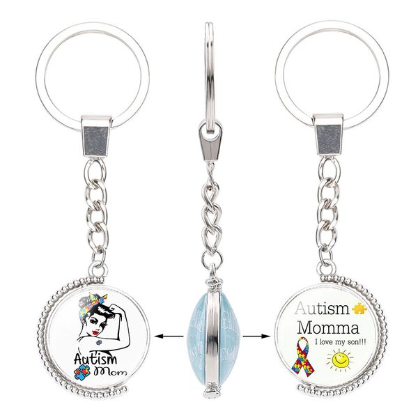 

fashion kids autism awareness double sided keychains for children boys girls glass cabochon key chains inspirational jewelry accessories, Silver