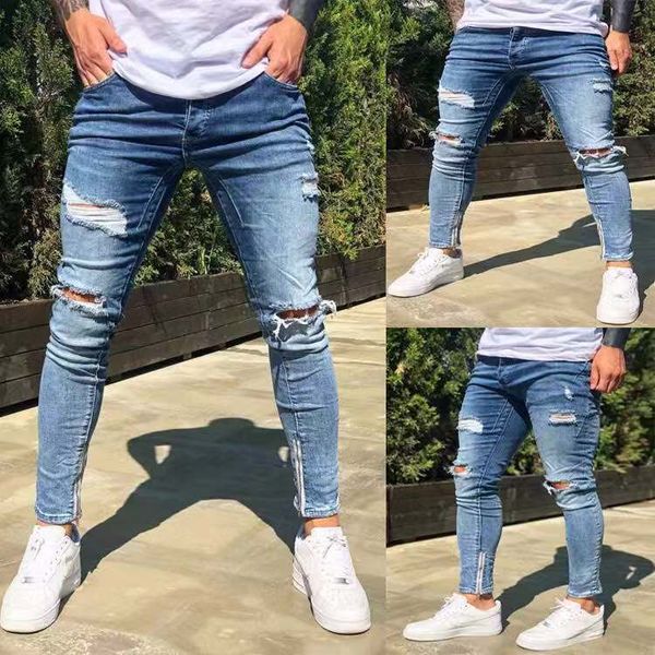 

mens designer men hem zipper ripped stretch cropped jeans, Blue