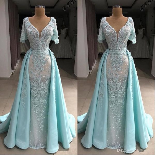

2020 light blue short sleeves evening dresses with detachable train v neck mermaid prom gowns, Black;red