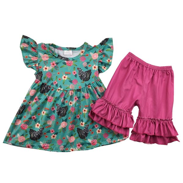 

bulk wholesale kids summer sets with ruffle pink shorts farm pattern boutique girls clothing, White