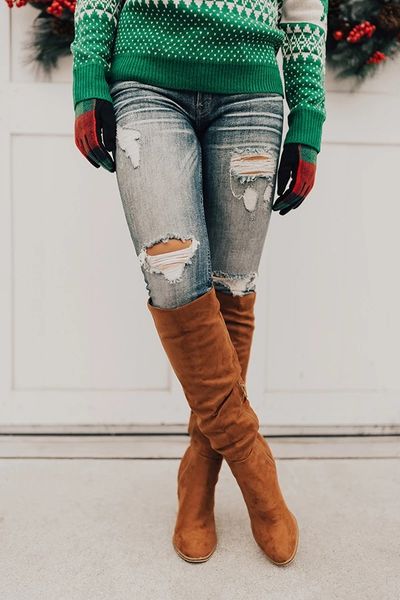 

puimentiua women knee-high boots winter warm boots high heel zipper women autumn winter chunky heel shoes bota feminina, Black