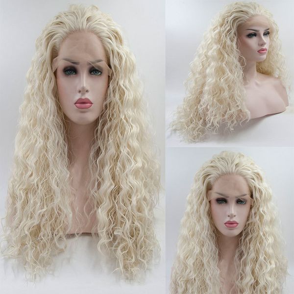 White Bouncy Curly Synthetic Hand Tied Lace Front Wig Glueless